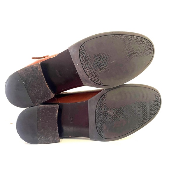 Tory Burch Sidney Low Heel Leather Ankle Bootie in Penny Brown Golden Logo Boots - Picture 11 of 13